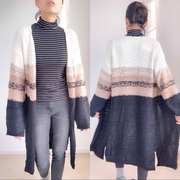 LONG KNIT COLOR BLOCK CARDIGAN - WHITE LIGHT GRAY - Picture 3 of 6